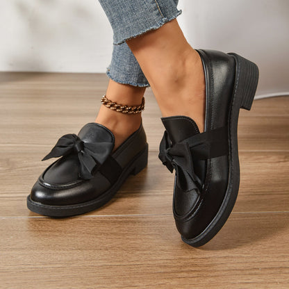 Ayora Women's Glossy Leather Moc-Toe Bow Loafer – Comfortable Platform Slip-On