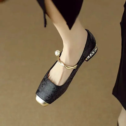Women's Mary Jane Shoes with Pearl Strap and Block Heel