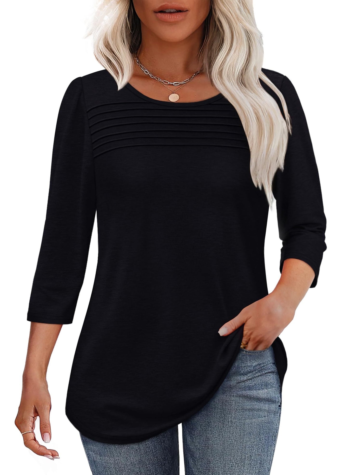 Women's Pleated Chest Top with 3/4 Sleeves and Crew Neck