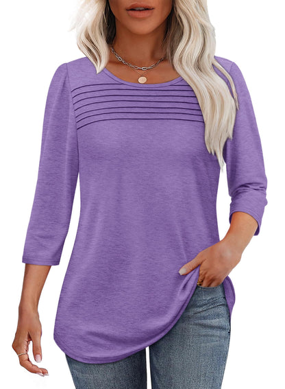 Women's Pleated Chest Top with 3/4 Sleeves and Crew Neck