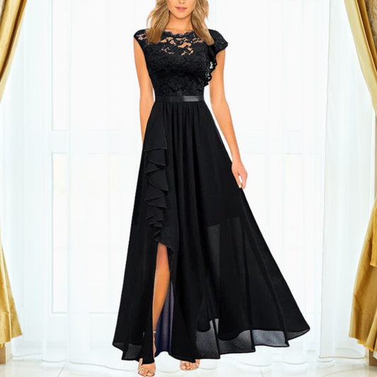 Romantic Exquisitely Embroidered Lacework Chiffon Maxi With Regal Ruffle Dress