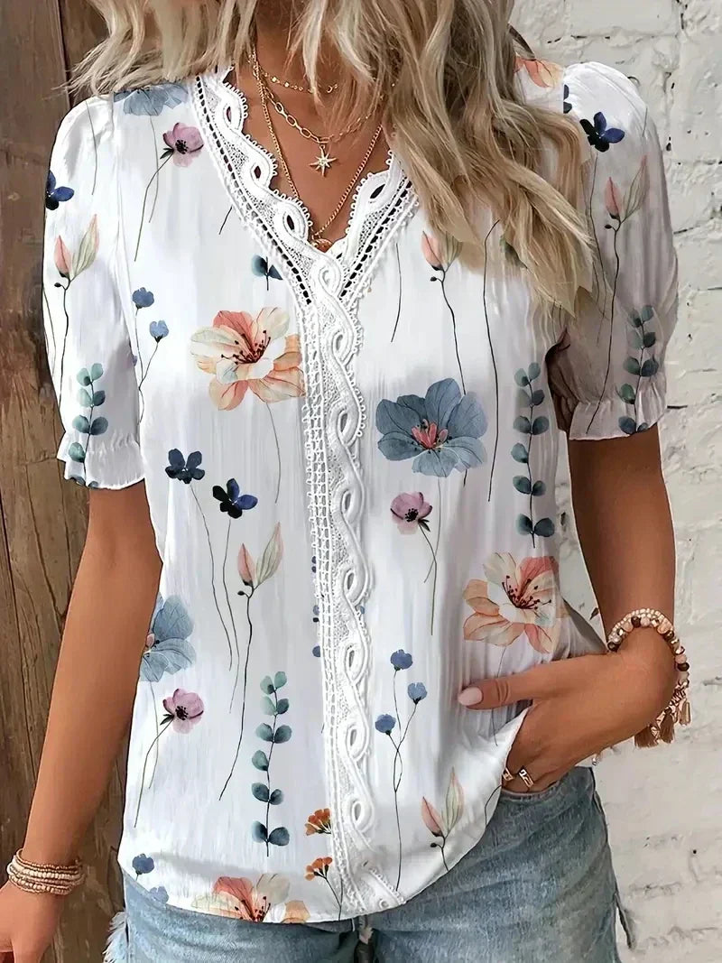 Women's Floral Lace Blouse with V-Neck and Short Sleeves