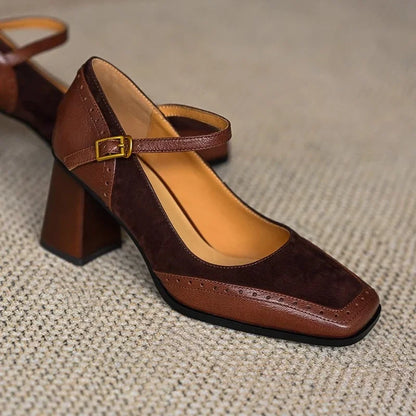 Women's Square Toe Block Heel Pumps with Ankle Strap and Brogue Detail