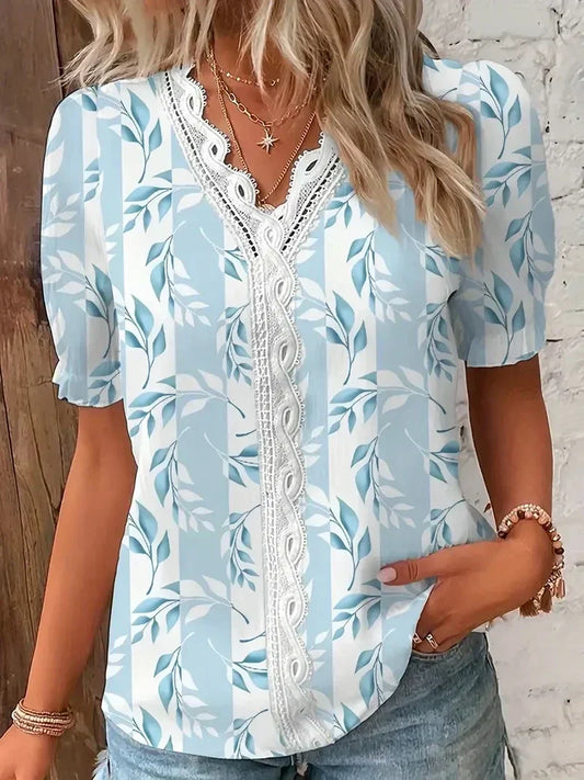 Women's Floral Lace Blouse with V-Neck and Short Sleeves