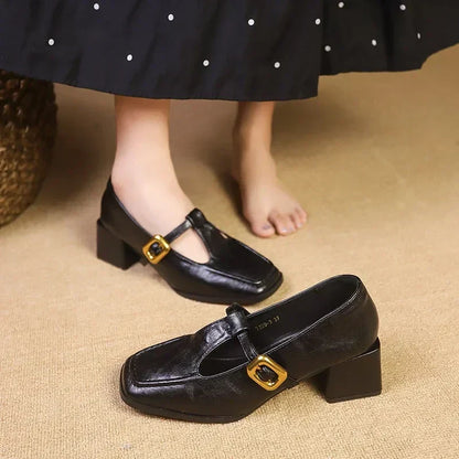Women's Square Toe Mary Jane Heels with Block Heel and Gold Buckle