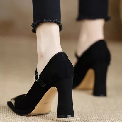 Women's Mary Jane High Heel Pumps with Cap Toe and Block Heel