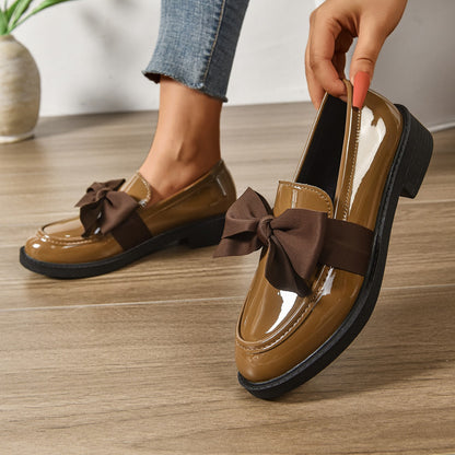 Ayora Women's Glossy Leather Moc-Toe Bow Loafer – Comfortable Platform Slip-On