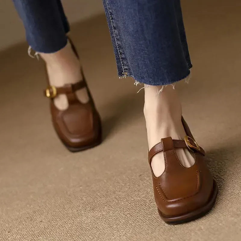 Women's T-Strap Mary Jane Shoes with Square Toe and Low Block Heel