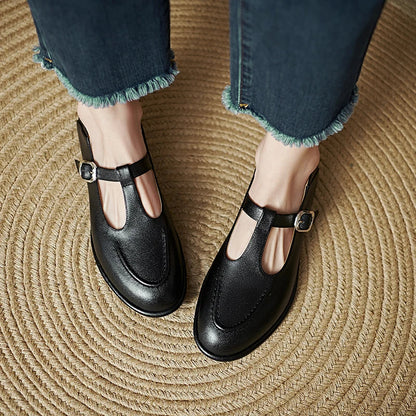 Women's T-Strap Mary Jane Flats with Round Toe and Low Heel