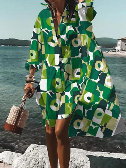 Relaxed Breezy Oversized Vibrant Printed Summer Midi Shirt Dress
