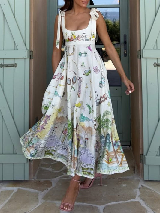 Elegant Ballet Inspired Tie Waist Painted Floral Pattern Flowing Silky Midi Dress