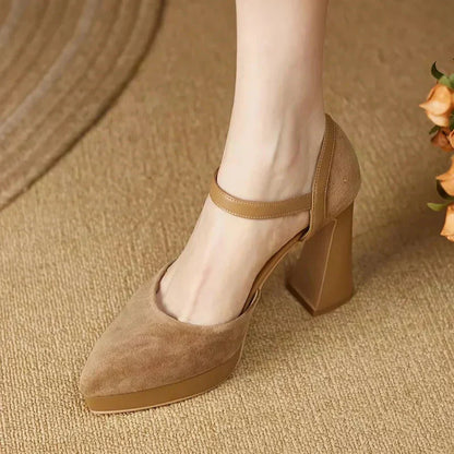 Women's Platform Block Heel Pumps with Ankle Strap and Sturdy Base