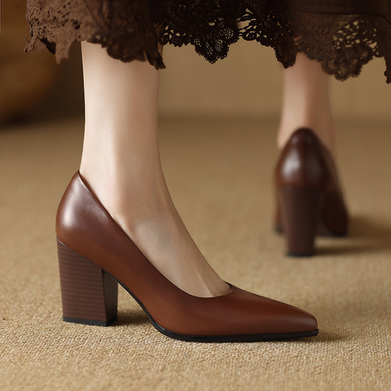 Women's Block Heel Pumps with Pointed Toe and Slip-On Design