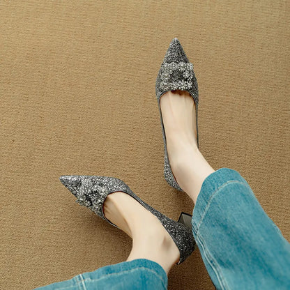 Women's Glitter Block Heel Pumps with Pointed Toe and Crystal Buckle