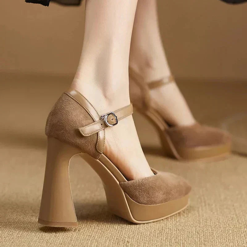 Women's Platform Block Heel Pumps with Ankle Strap and Sturdy Base