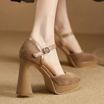 Women's Platform Block Heel Pumps with Ankle Strap and Sturdy Base