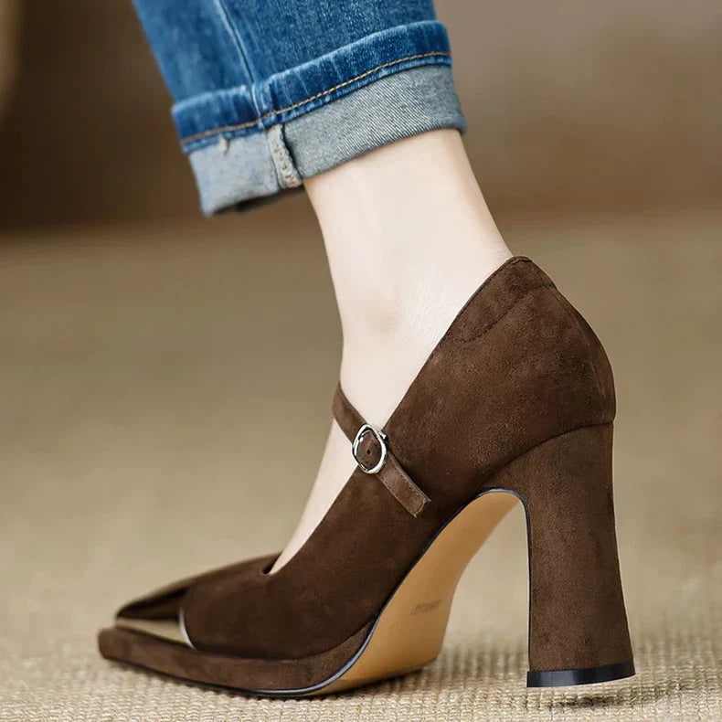 Women's Mary Jane High Heel Pumps with Cap Toe and Block Heel