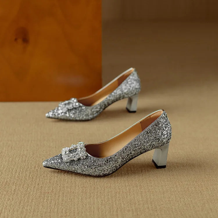 Women's Glitter Block Heel Pumps with Pointed Toe and Crystal Buckle