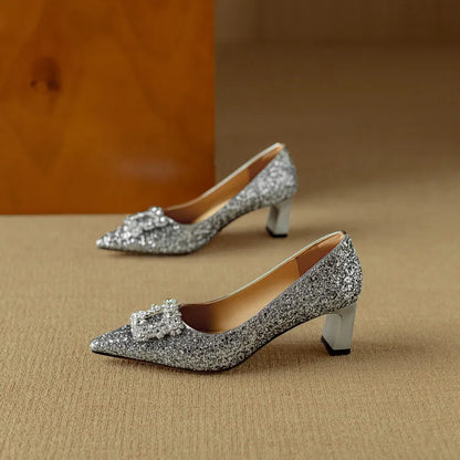 Women's Glitter Block Heel Pumps with Pointed Toe and Crystal Buckle