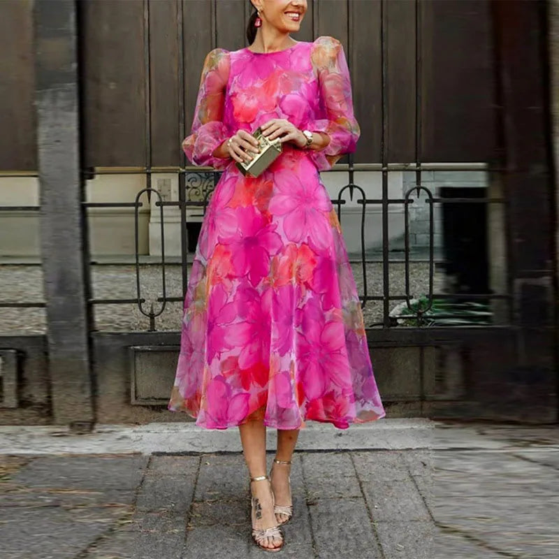 Luxurious Enchanting Watercolor Floral Chiffon With Exquisite Sleeves Midi Dress