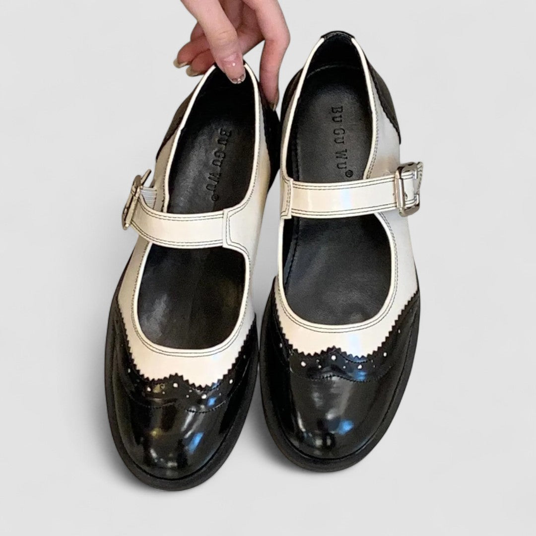 Women's Two-Tone Mary Jane Shoes with Brogue Detail and Low Heel