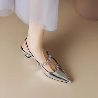 Women's Slingback Heels with Crystal Strap and Pointed Toe