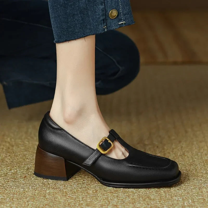 Women's T-Strap Mary Jane Shoes with Square Toe and Low Block Heel