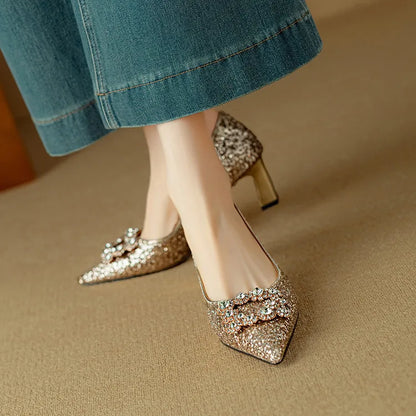 Women's Glitter Block Heel Pumps with Pointed Toe and Crystal Buckle