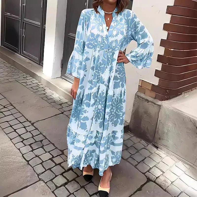 Women's Boho Maxi Dress with Flowing Design and Printed Pattern
