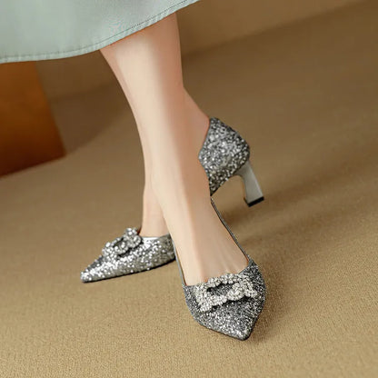 Women's Glitter Block Heel Pumps with Pointed Toe and Crystal Buckle