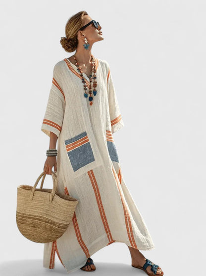 Women’s Striped Maxi Dress – Luxurious Deep V-Neck Draped Flowing Silhouette Dress