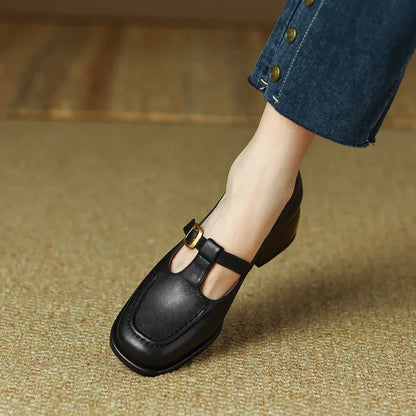 Women's T-Strap Mary Jane Shoes with Square Toe and Low Block Heel