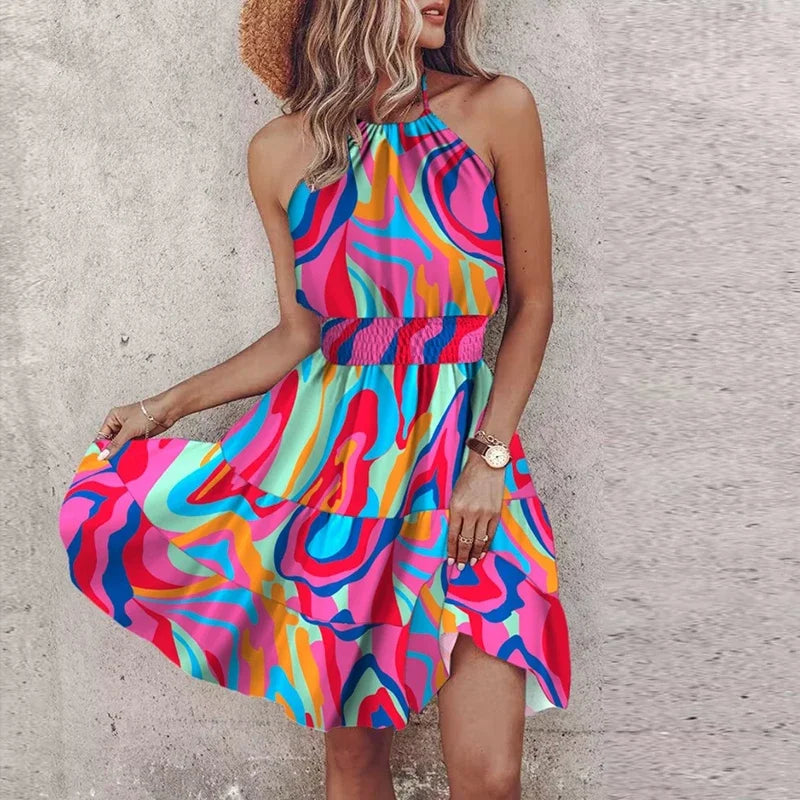Women's Flowy Draped Dress with Halter Neckline and Lace Detail