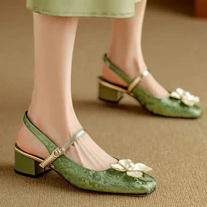 Women's Floral Mary Jane Pumps with Block Heel and Jacquard Strap