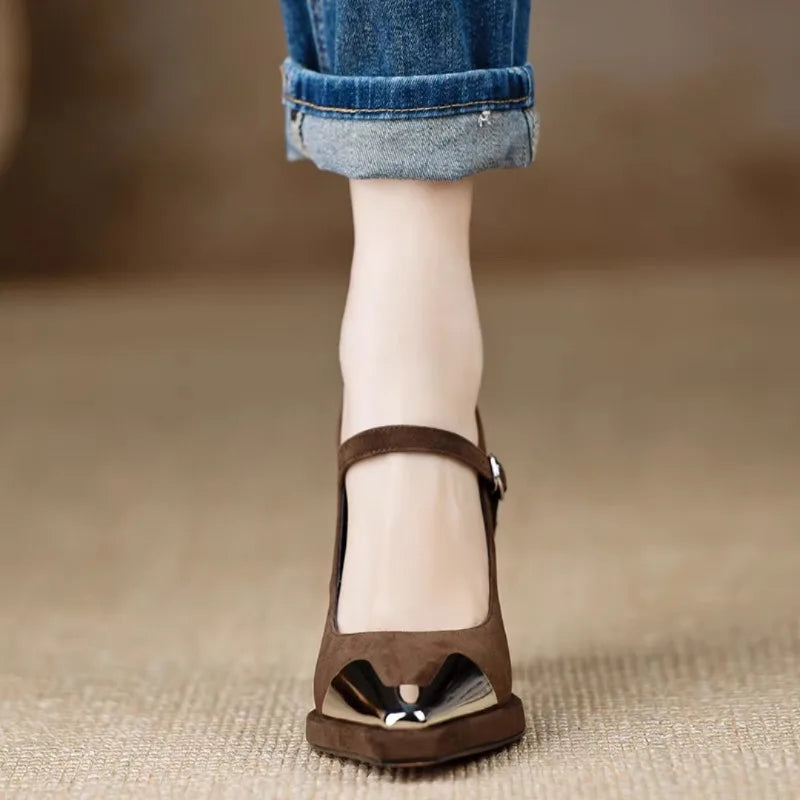 Women's Mary Jane High Heel Pumps with Cap Toe and Block Heel