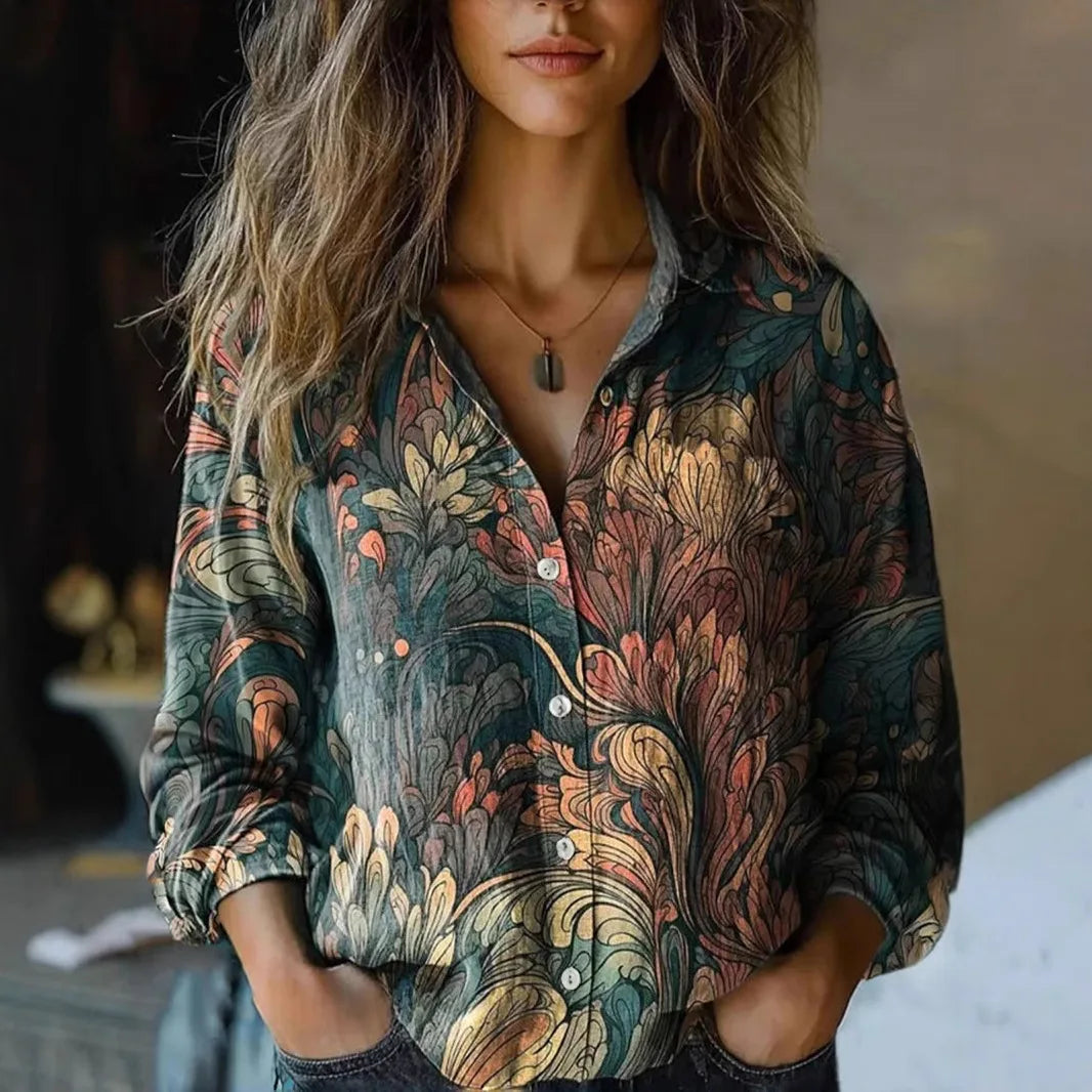 Women's Long Sleeve Button-Down Shirt with Floral Print and Autumn Colors