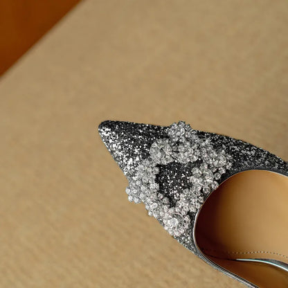 Women's Glitter Block Heel Pumps with Pointed Toe and Crystal Buckle