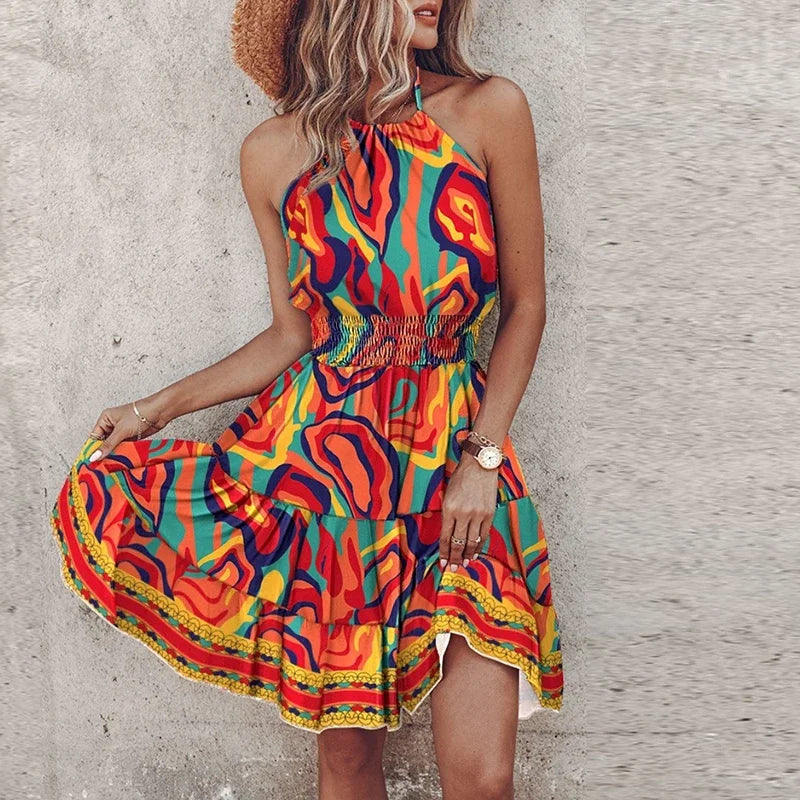 Women's Flowy Draped Dress with Halter Neckline and Lace Detail