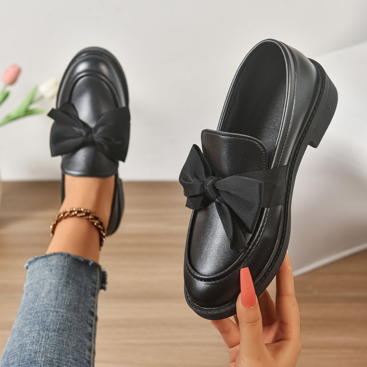 Ayora Women's Glossy Leather Moc-Toe Bow Loafer – Comfortable Platform Slip-On