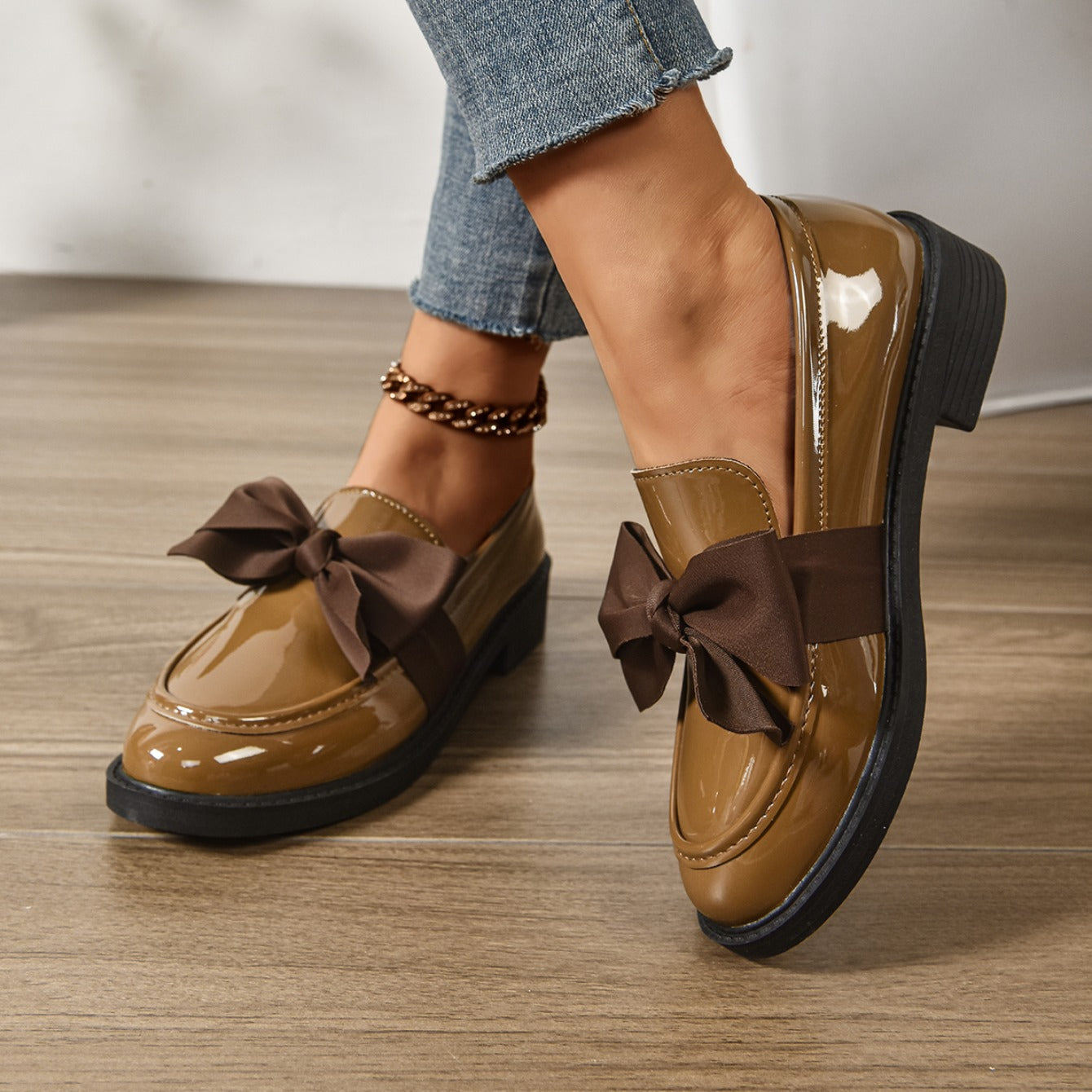 Ayora Women's Glossy Leather Moc-Toe Bow Loafer – Comfortable Platform Slip-On