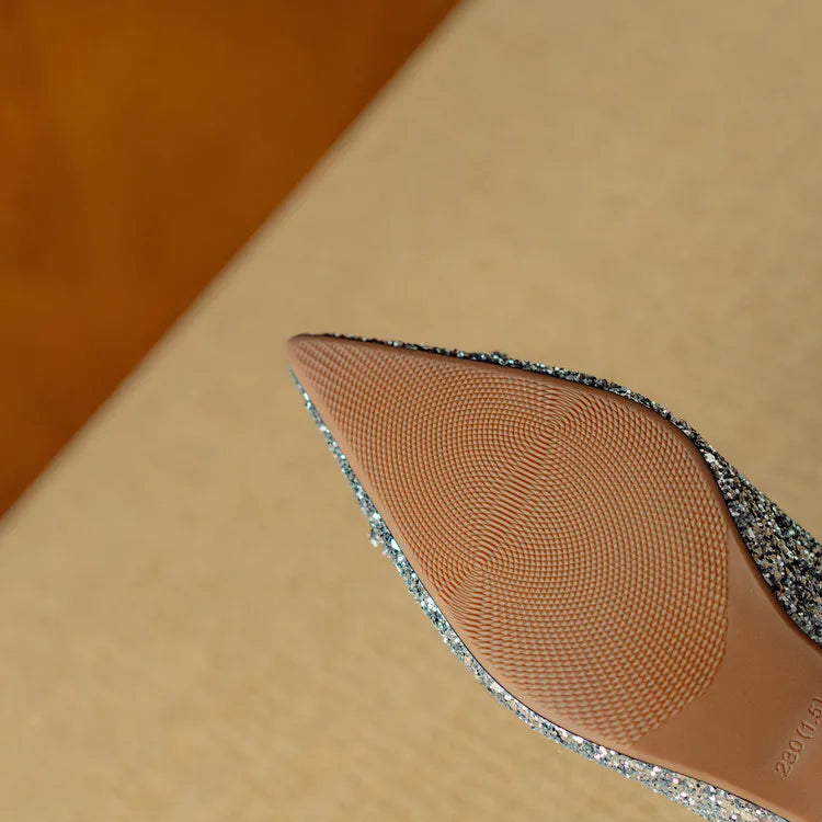 Women's Glitter Block Heel Pumps with Pointed Toe and Crystal Buckle