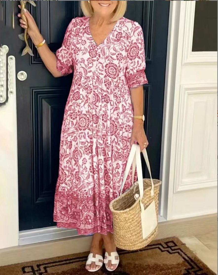Women's Floral Dress with V-Neck and A-Line Skirt