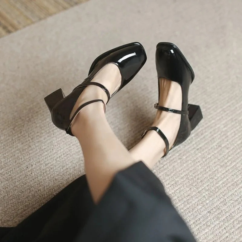 Women's Ankle Strap Block Heel Pumps with Square Toe and Classic Design