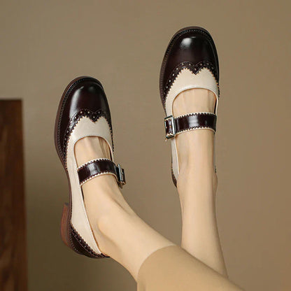 Women's Two-Tone Mary Jane Shoes with Brogue Design and T-Strap