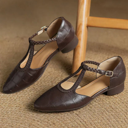 Women's T-Strap Mary Jane Flats with Pointed Toe and Classic Design