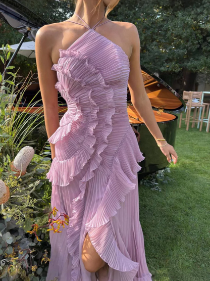 Women's Halter Dress with Adjustable Neckline and Flowing Skirt