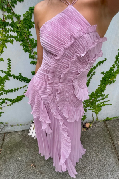Timelessly Halter Neckline Pleated Crepe With Radiant Cascading Silhouette Dress