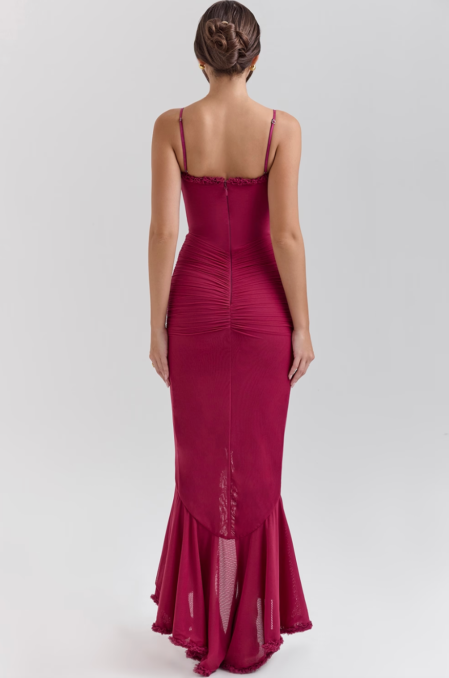Luxuriously Elegant Ruched Lace With Cascading Ruffles Figure Flattering Silhouette Dress