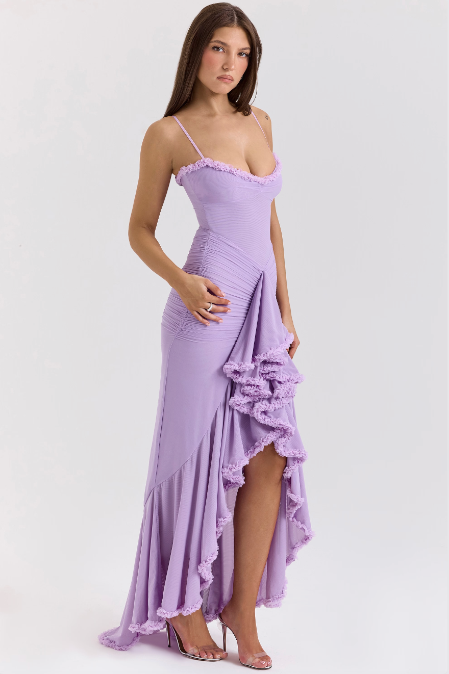 Luxuriously Elegant Ruched Lace With Cascading Ruffles Figure Flattering Silhouette Dress