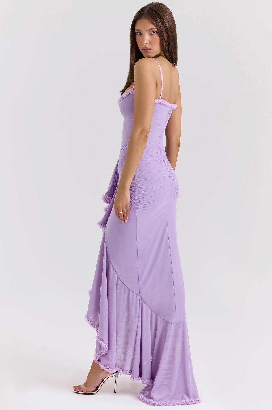 Luxuriously Elegant Ruched Lace With Cascading Ruffles Figure Flattering Silhouette Dress
